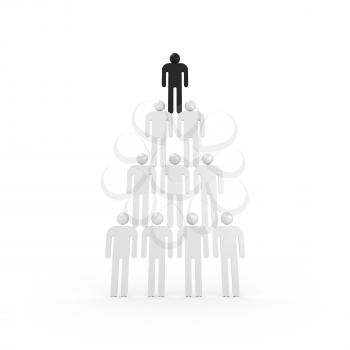 Pyramid of white abstract people with one black leader on top, 3d illustration