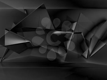 Abstract black cg background. Chaotically polygonal structure installation. 3d illustration, artistic computer graphic