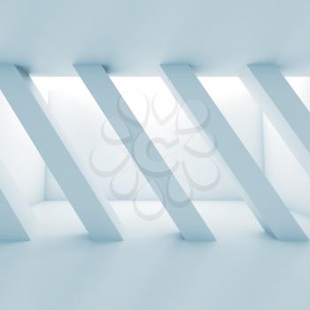 Abstract white empty room with diagonal columns in a row, blank interior background, blue toned 3d illustration