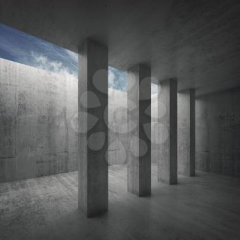 Abstract architecture background, empty concrete room interior with columns and cloudy sky outside, 3d illustration