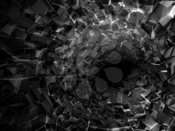 Abstract digital background, black tunnel interior with dark end and walls made of technological chaotic blocks, 3d illustration
