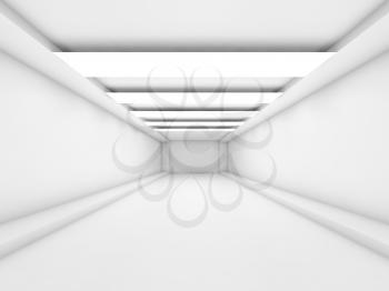 Abstract empty white tunnel background with stripes of decorative ceiling light panels, contemporary minimal open space office interior design, 3d illustration