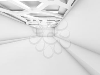 Abstract empty white interior background with ceiling light system, contemporary minimal open space office design, 3d illustration