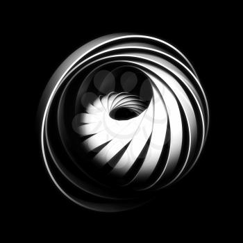 Abstract vortex object made of round spiral structures over black background, 3d illustration