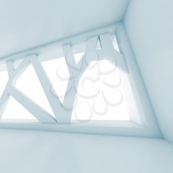 Abstract empty interior background with big futuristic window. Square blue toned digital 3d illustration