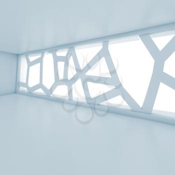 Abstract empty room interior background with big futuristic window. Square blue toned digital 3d illustration