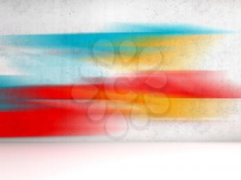Abstract white interior background with colorful splashes over frontal concrete wall, 3d illustration
