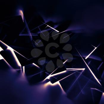 Abstract dark digital background, chaotic polygonal structure with glowing lines pattern, 3d render illustration