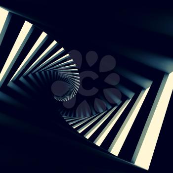 Abstract black twisted spiral corridor interior, 3d render illustration