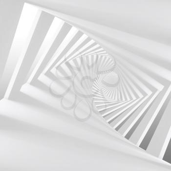 Abstract white twisted spiral corridor interior, 3d render illustration