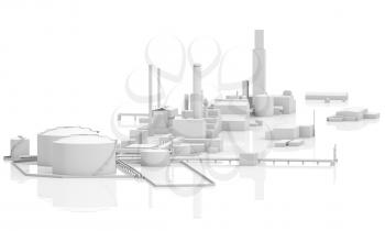 Abstract modern industrial facility. Tanks, chimneys and buildings, 3d model isolated on white with reflections, bird eye view