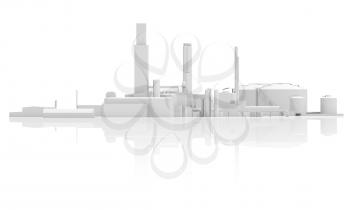 Abstract modern industrial facility with tanks, chimneys and buildings, 3d model isolated on white background with reflections