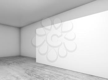 Abstract empty interior, white banner on concrete floor, contemporary architecture design. 3d render illustration