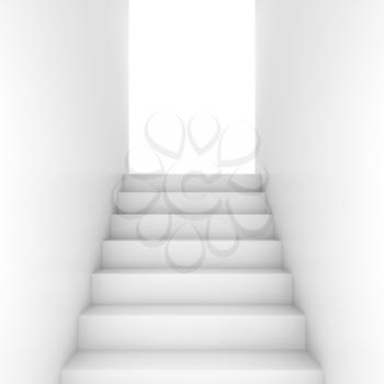 White stairway goes up to the open glowing door, abstract empty interior background, front view, 3d illustration 