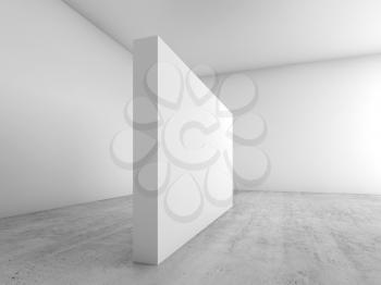 Abstract empty white interior background, blank banner installation on concrete floor, contemporary architecture design. 3d illustration