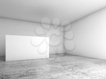 Abstract empty white interior background, blank banner stand on concrete floor, contemporary cg architecture design. 3d illustration