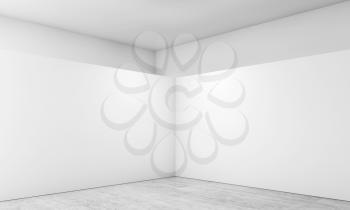 Abstract empty interior, corner of white installation on concrete floor, contemporary architecture design. 3d render illustration