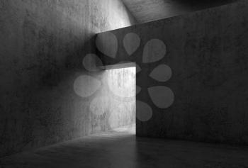 Abstract dark empty interior, doorway in gray concrete walls, 3d render illustration