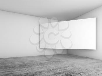 Abstract empty white interior background, blank screen banner mounted in the corner, architecture design. 3d illustration
