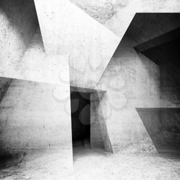 Abstract concrete interior background, intersected walls and girders, square illustration with double exposure effect, 3d render 