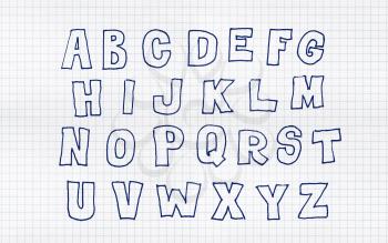 Hand drawn flat abc, doodle style. Blue letters over white squared paper background, sketch illustration