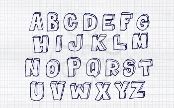 Hand drawn abc, doodle style. Blue letters over white squared paper background, sketch illustration