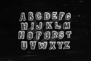 Hand drawn volumetric abc with hatching, doodle style. White letters over black chalkboard background, sketch illustration