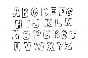Hand drawn abc, doodle style. Black letters over white background, sketch illustration