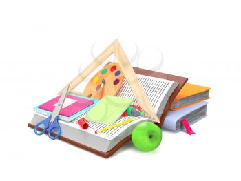 Set of school equipment, notebook, scissors, pens isolated on white background