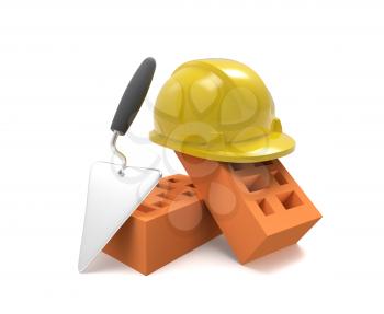 Stack of red bricks, a pallet and a helmet isolated on white background