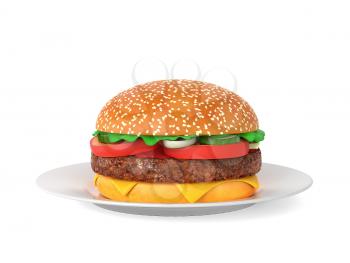 Big tasty hamburger lying on the plate isolated on white background