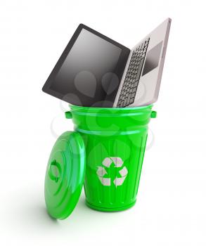 Green garbage bin with computer isolated on white
