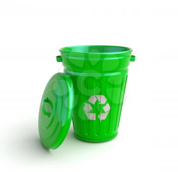 Green recycle garbage can isolated in white