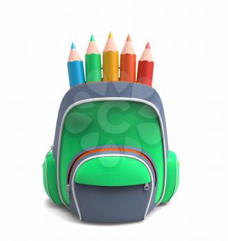 Green school backpack with pencils isolated on white background