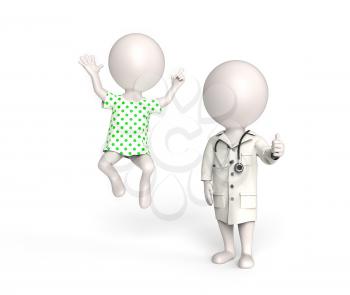 3D little white persons as doctor and patient in high spirits