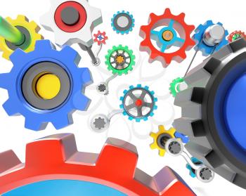 Mechanism of various colorful gears on white