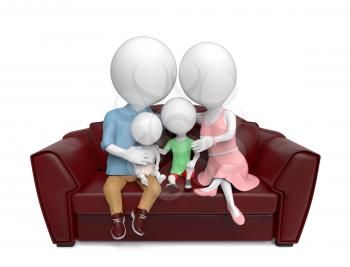 Family sits on the sofa on white background