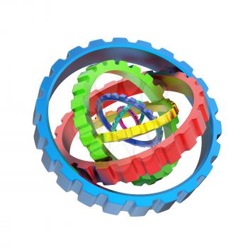 3D mechanism of various colorful gears isolated on white