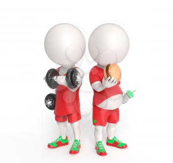 Two 3D little persons with dumbbells and with junk food