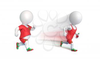 One fit and other fat 3D little men running isolated on white
