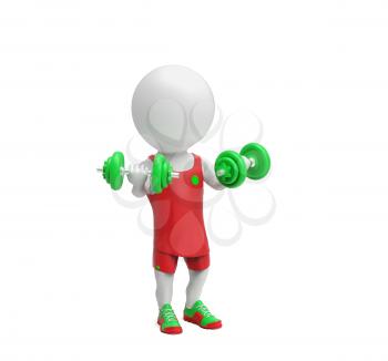 Little white sportsman with dumbbells on white background
