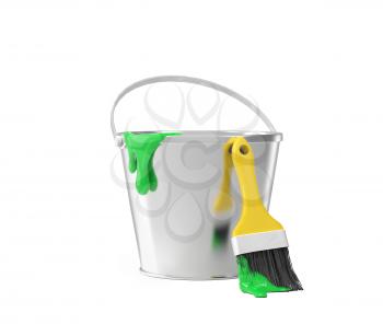 Bucket with green paint and brush over white background