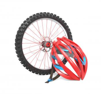 Biking wheel and a red helmet isolated over white background