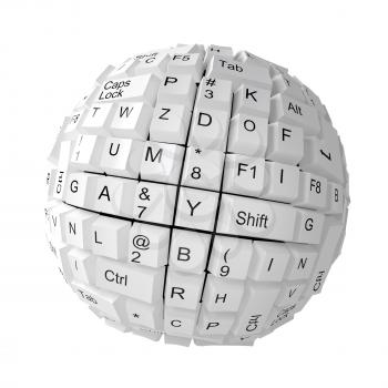 Random keyboard keys forming a sphere on white background