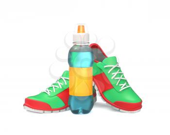 Bottle of water stands near running shoes isolated on white