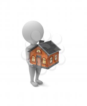 3d little white man holds a house in his hands on white background