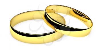 Two lying golden wedding rings isolated on white background
