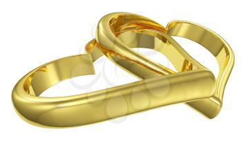 Couple of lying chained golden hearts isolated on white background diagonal view, wedding symbol