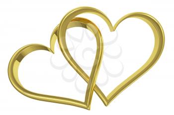 Couple of chained golden hearts isolated on white background front view, wedding symbol