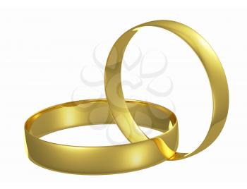 Two chained golden wedding rings isolated on white background